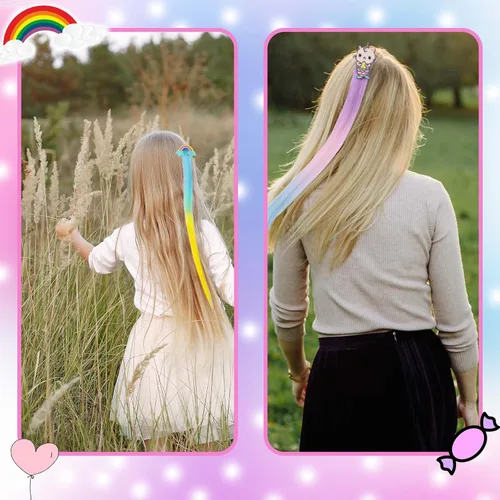 Vista 6 de 8 pinzas para el cabello para niñas, extensiones de cabello de arcoíris liso de animales para niños, accesorios para niñas pequeñas, colas
