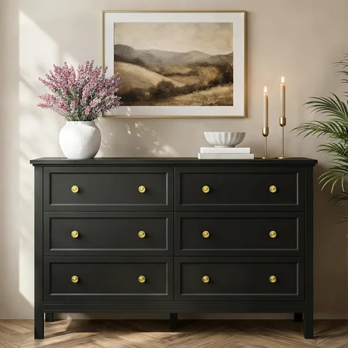 LYNSOM Cómoda negra para dormitorio, cómoda de 6 cajones con cajón ancho y asas de metal, cómodas de madera y cajones para pasillo, entrada