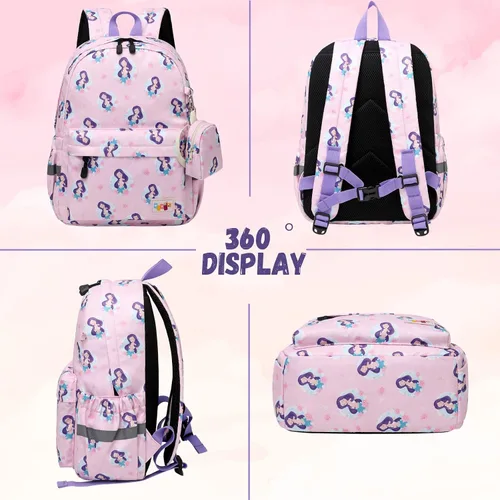 Vista 6 de MIRLEWAIY Mochila para niños pequeños con bolsa para monedas, Sirena rosa, Mochilas para mochila