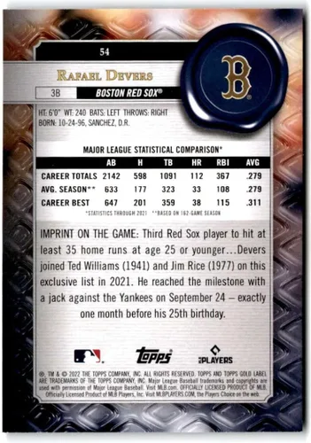 Vista 2 de Baseball Trading Card MLB 2022 Topps Gold Label Class 1#54 Rafael Devers NM Near Mint Red Sox
