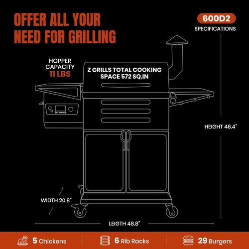 Vista 6 de Z GRILLS Parrilla de pellets de madera y ahumador 8 en 1 con control automático de temperatura, sondas de carne, 572 pulgadas cuadradas de área