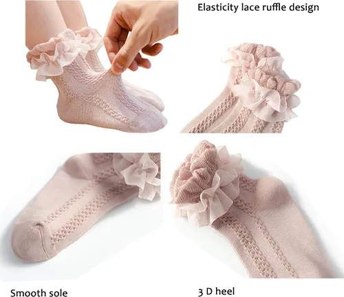 Vista 3 de 5 pares de calcetines con volantes para bebés y niñas calcetines de algodón con volantes de encaje para niños pequeños