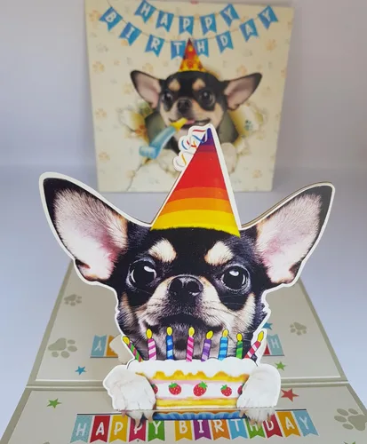 Vista 4 de DongNaiWin Tarjetas desplegables divertidas de cumpleaños 3D de Chihuahua negro, tarjetas emergentes de cumpleaños 3D de Chihuahua, tarjetas