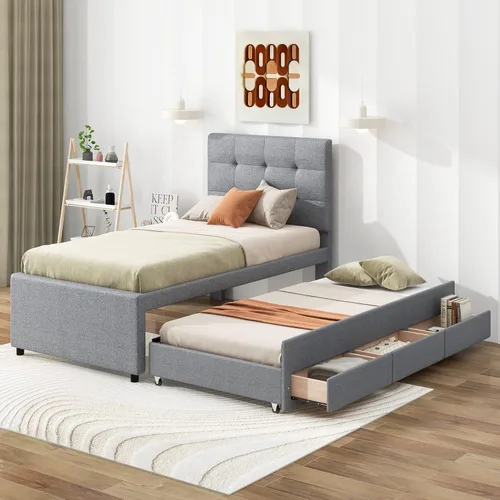 Vista 198 de SOFTSEA Cama de plataforma tapizada tamaño Queen con cajón de almacenamiento, marco de cama tapizado con cabecera con respaldo de alas, soporte