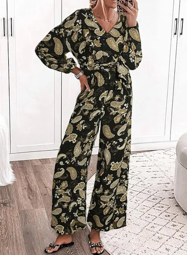 Vista 2 de BLENCOT Women's Floral Print Deep V Neck Romper Fall Long Sleeve Loose Boho Wide Leg Jumpsuits with Belt