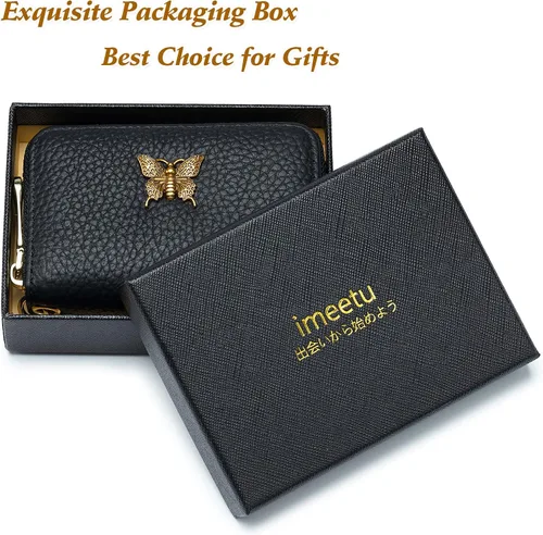 Vista 2 de imeetu Tarjetero RFID para mujer, de piel auténtica, con cremallera y llavero extraíble (azul cobalto)