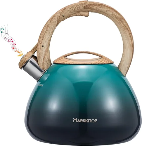 Vista 8 de MARSKITOP Tetera para estufa de 2.6 cuartos de galón, acero inoxidable, hervidor de té silbando con mango para mantenerse fresco, color plateado