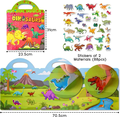 Vista 2 de ASTARON Libro de Pegatinas Reutilizable para Niños Pequeños, 88 Piezas de Pegatinas de Dinosaurios para Actividades de Viaje en Coche y Avión