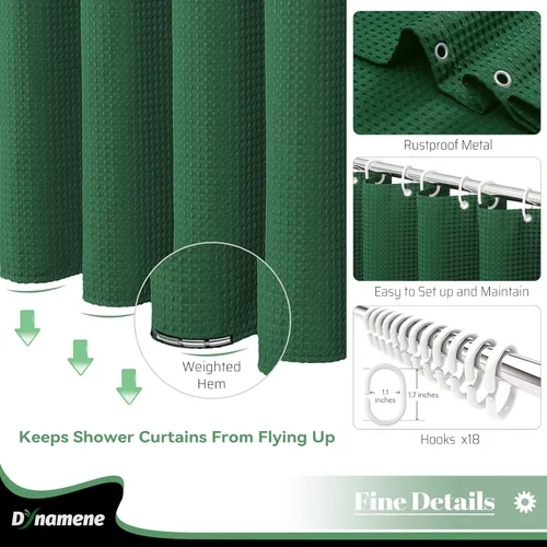 Vista 844 de Cortina de ducha de tela Dynamene verde oscuro - Cortinas de baño de tela de nido de abeja texturizadas resistentes, juego de cortinas de baño