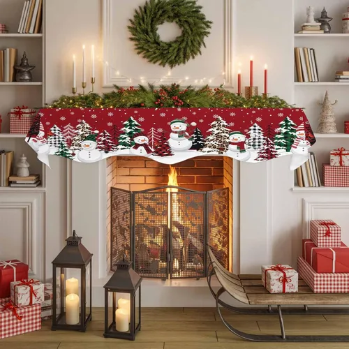 Vista 6 de Bufanda de chimenea de muñeco de nieve de Navidad, diseño de árboles de Navidad rojos, copos de nieve de invierno, bufandas de chimenea de nieve