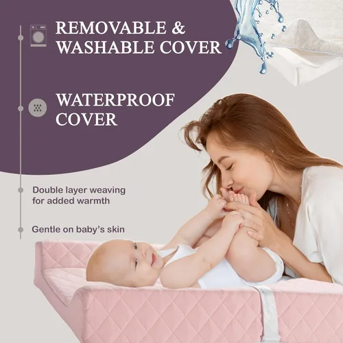 Vista 4 de Cambiador de bebé contorneado de algodón orgánico con colchón de espuma impermeable, incluye funda suave, extraíble y lavable, correa de seguridad