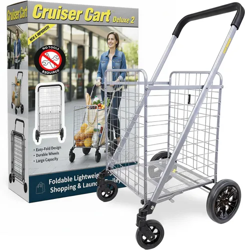dbest Products Cruiser Cart Deluxe 2 - Carrito de compras plegable con ruedas para comestibles - Carrito utilitario resistente con sistema de frenos