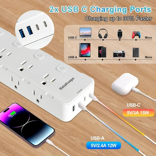 Vista 6 de Regleta protectora de sobretensiones de 15 pies, 8 salidas de CA, 4 USB (2 USB C), cable de extensión de enchufe plano con interruptores
