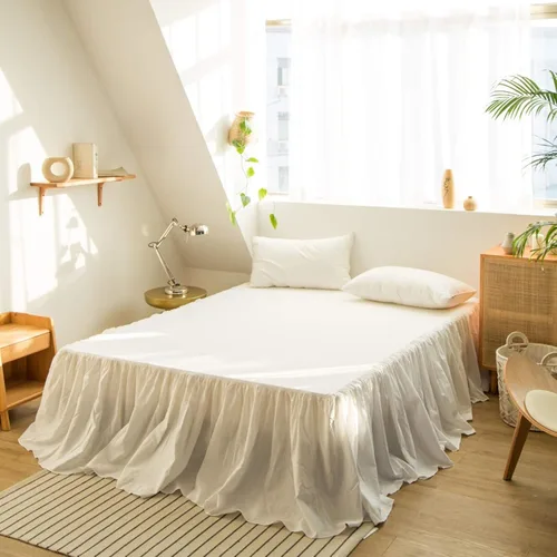 Vista 23 de BISELINA Falda de cama de lino francés con esquina plisada, caída a medida de 14 pulgadas, mezcla de lino natural y algodón, volante antipolvo