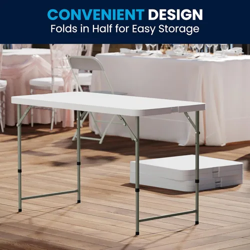 Vista 4 de Flash Furniture Mesa rectangular de plástico plegable de 4 pies con patas ajustables y asa de transporte, mesa de banquete portátil biplegable