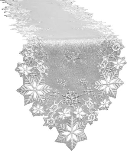 Vista 6 de Simhomsen Caminos de mesa bordados con copos de nieve para Navidad e invierno (plata, 14 x 34 pulgadas)