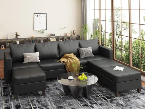 Vista 33 de EASE MOOSE Sofá Seccional Modular en Forma de U con Almacenamiento, Sofá Seccional de Piel Sintética para Sala de Estar, Negro