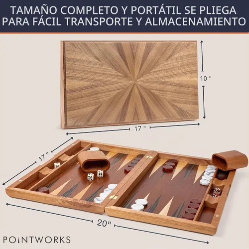 Vista 3 de Pointworks Juegos de backgammon de 17 pulgadas para adultos. Hermoso juego de mesa de backgammon con incrustaciones de madera con damas y dados