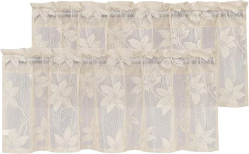 Vista 37 de DWCN Paquete de 2 cortinas traslúcidas pequeñas de encaje floral beige para cocina, cortinas traslúcidas ligeras con bolsillo para barra, cortinas