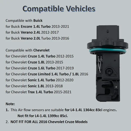 Vista 3 de MANATEE 12671624 Medidor de sensor de flujo de aire masivo Sensor MAF compatible con Buick Encore Verano, para Chevy Caprice Trax Sonic Cruze
