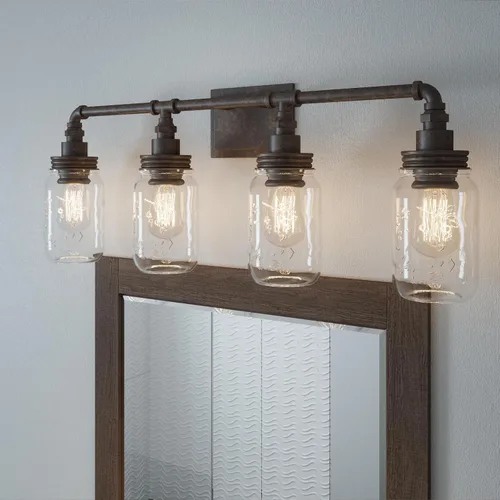 Vista 2 de Quoizel Squire - Luces de tocador de 30.5 pulgadas, 4 luces, color negro, rústico, para el espejo, pantallas de vidrio transparente, 100 W, luz