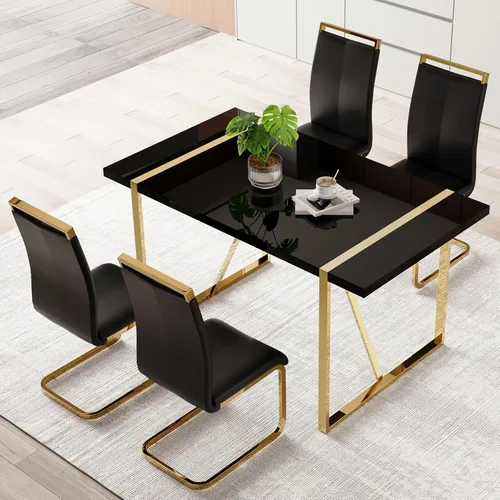 Vista 40 de Mesa de comedor Ebullient para 4, mesa de comedor rectangular negra de MDF, tapa de mesa de cena de mármol falso, mesa de comedor moderna con marco
