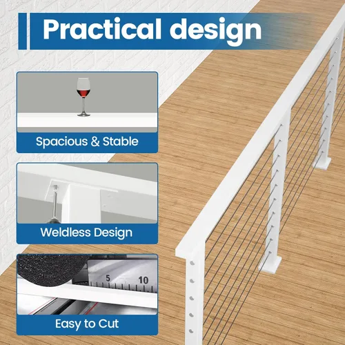 Vista 4 de Muzata Barandilla de cable blanco de 6 pies 6 pulgadas Pasamanos rectangular de acero inoxidable para sistema de barandilla de cable Riel superior