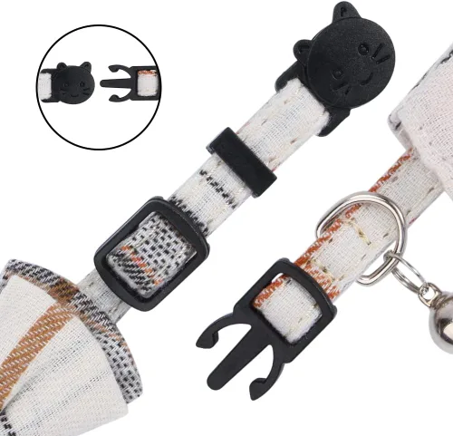 Vista 3 de Faleela Juego de 2 collares de gato con corbata de moño y campana, collar de camisa a cuadros para gatito ajustable de seguridad 2023new-Beige