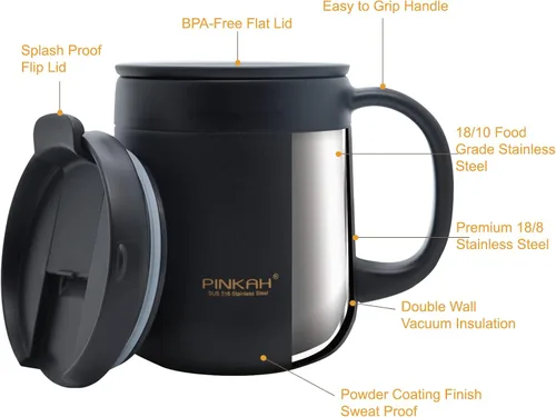 Vista 3 de Taza de café aislada de acero inoxidable de 11 oz / 330 ml con asa, vaso de doble pared con 2 tapas, color negro