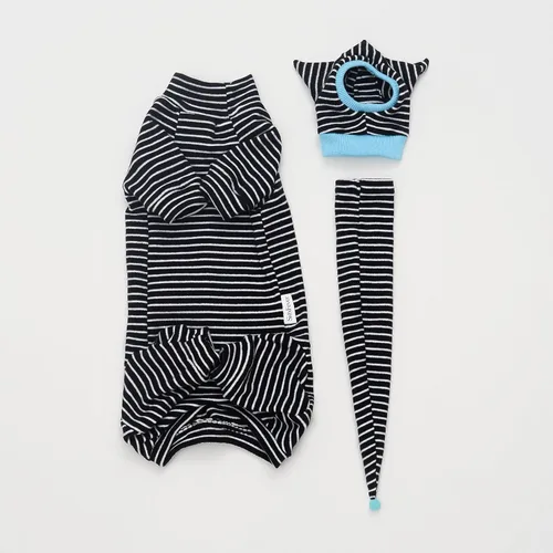 Vista 2 de Sphynx - Conjunto de camisa transpirable a rayas negras para gatos, gorro y camisa para mascotas (talla S)