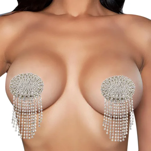 Vista 3 de MINGSEECESS Sujetador reutilizable de silicona de metal dorado para mujer, diseño de pétalos de pecho, autoadhesivos con borla