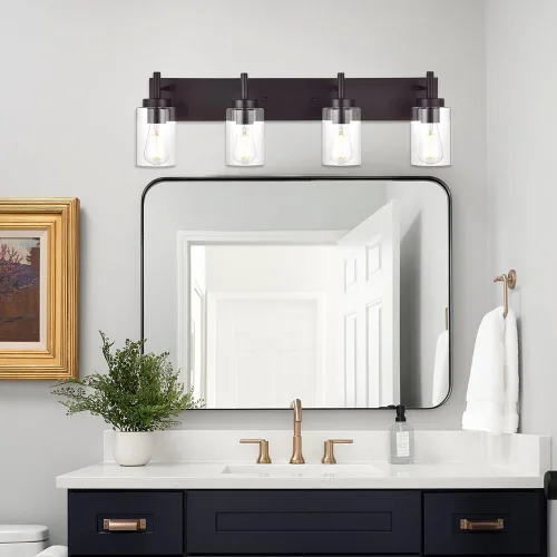Vista 3 de VINLUZ 4 luces de tocador de baño, apliques de bronce aceitado, iluminación de pared, lámpara industrial para montaje en pared, estilo granja