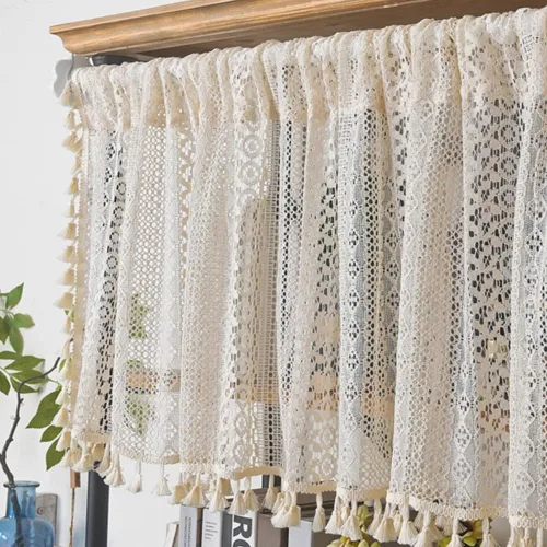 AMZALI Cortinas con cenefa de encaje con borlas, cortinas cortas para ventana de cafetería, baño, cocina, granja, dormitorio, 1 panel, color beige