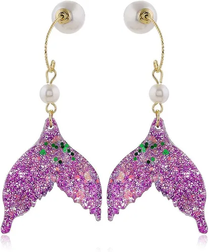 Pendientes de cola de sirena con lentejuelas fantasía océano luz pendientes púrpura cola de pescado pendientes borla pendientes creativo gancho de