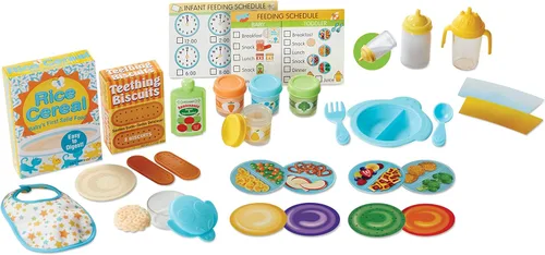 Vista 4 de Melissa & Doug Mine to Love - Juego de comida para muñecas con botella, tarros de comida para bebé, bolsa de aperitivos y más (24 unidades)
