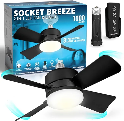 Vista 5 de Bell+Howell Ventilador de Luz de Enchufe Socket Breeze con Control Remoto, Ventiladores de Techo Pequeños Portátiles con Luces para Dormitorio