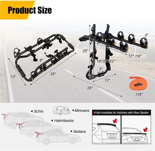 Vista 9 de Portabicicletas montado, soporte para 3 bicicletas con longitud y ángulo ajustables, cunas protectoras, correas de fijación, portaequipajes