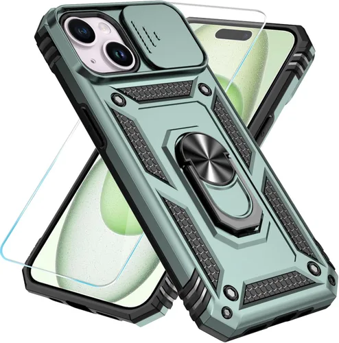 Vista 28 de SunStory Funda compatible con iPhone 15 con protector de pantalla HD, cubierta de cámara deslizante y soporte de anillo giratorio, [grado militar]