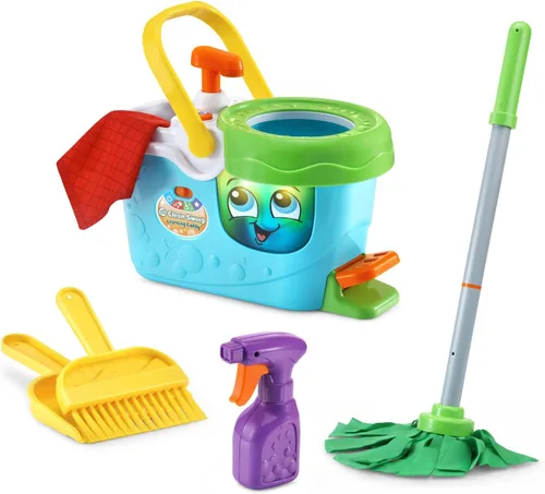 LeapFrog Clean Sweep Learning Caddy, juego de juguetes de limpieza para trapeador y escoba para niños de 3 a 5 años, color azul