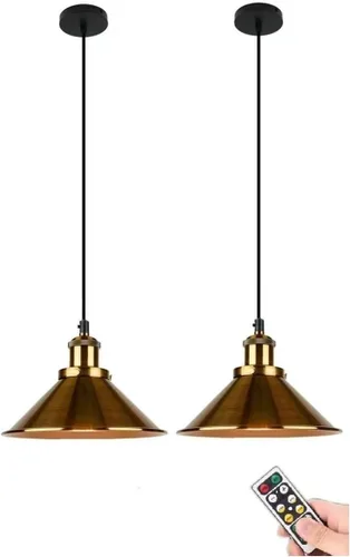 2 Pack Industrial Pendant Lights Battery Operated with Remote,Indoor Non Hardwired Hanging Lights Fixtures,Gold Vintage Pendant Lighting Lamp for