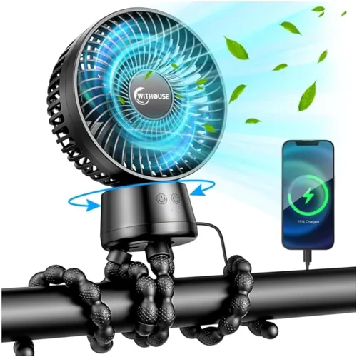 Vista 9 de Ventilador portátil para cochecito de 20000 mAh, oscilación automática de 120°, ventilador de bebé 3 en 1 con luz LED, trípode flexible desmontable