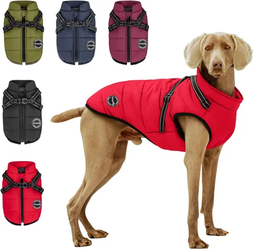 Vista 9 de Abrigo de invierno para perro, chaqueta cálida para perro, chaleco reflectante ajustable de vellón con arnés integrado, chaqueta de nieve