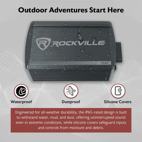 Vista 3 de Rockville Amplificador Bluetooth PS20 ATV/UTV/motocicleta de 2 canales, pico de 1200 W / 150 W RMS, IP65 impermeable, clase D, compacto