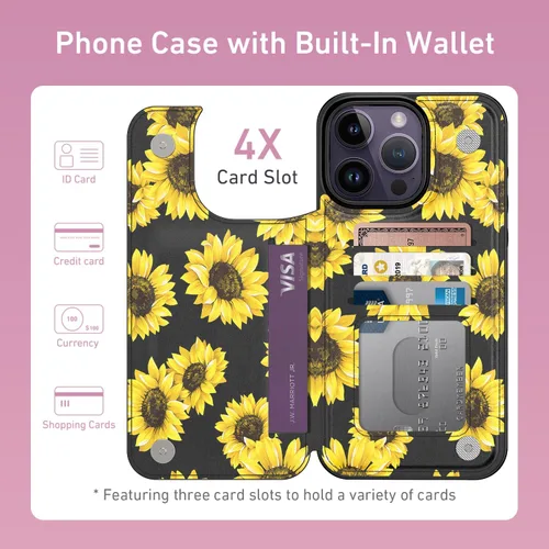 Vista 23 de LETO para iPhone 15 Pro Funda tipo cartera - Tapa tipo folio con patada - Diseños de moda - Tarjetero - Funda protectora para mujeres y niñas - 6.1