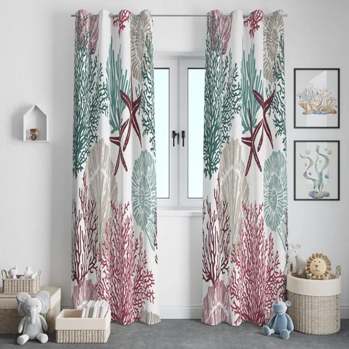 Vista 21 de Cortinas de Ventana Oceánicas Costeras con Ojales, Cortinas Náuticas Tropicales de Playa con Temática de Conchas Marinas y Estrellas de Mar Azul