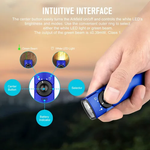 Vista 4 de OLIGHT Arkfeld - Linterna plana EDC de 1000 lúmenes, luz LED blanca con combo de haz verde, alimentación por batería recargable integrada