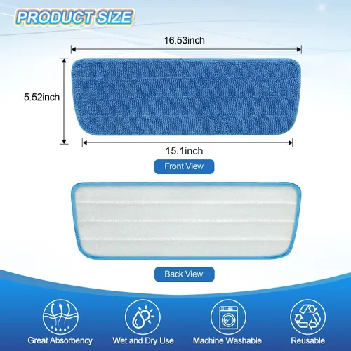 Vista 5 de Paquete de 3 almohadillas de microfibra de repuesto para limpieza de suelos húmedo/seco, almohadillas reutilizables para mopa de piso