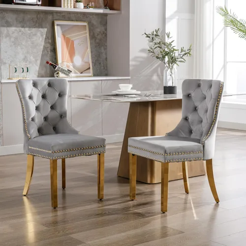Vista 46 de KCC Juego de 6 sillas de comedor de terciopelo, silla de comedor tapizada de alta gama con respaldo acolchado, anillo de tracción de cabeza de Beige