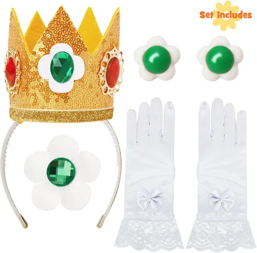 Vista 4 de Oskiner Disfraz de princesa melocotón para niñas, vestido de princesa melocotón para niñas, disfraz de Halloween con accesorios
