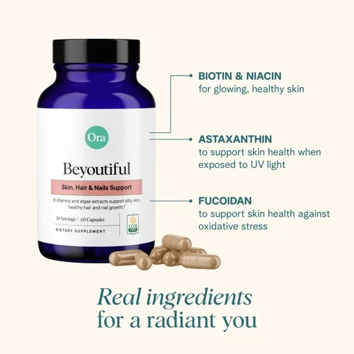 Vista 5 de Ora Organic BeYouTiful - Suplemento de belleza con vitaminas B y extractos de algas para un cabello y piel saludables - 60 cápsulas veganas